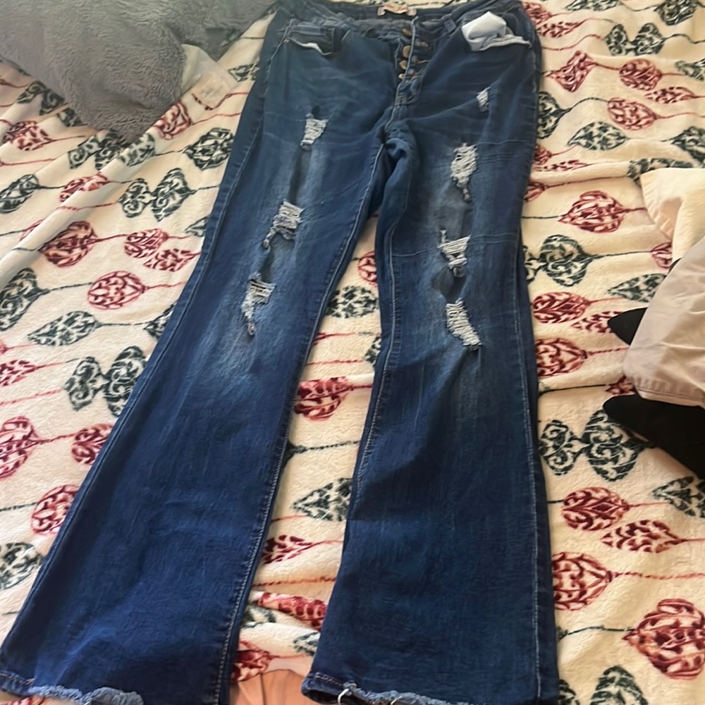 Flare Jeans, 12 Women, dark blue with rips, used